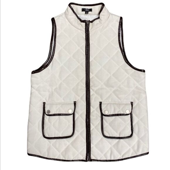 TCEC Cream & Brown Trim Quilted Full-Zip Vest NWOT - Picture 1 of 5